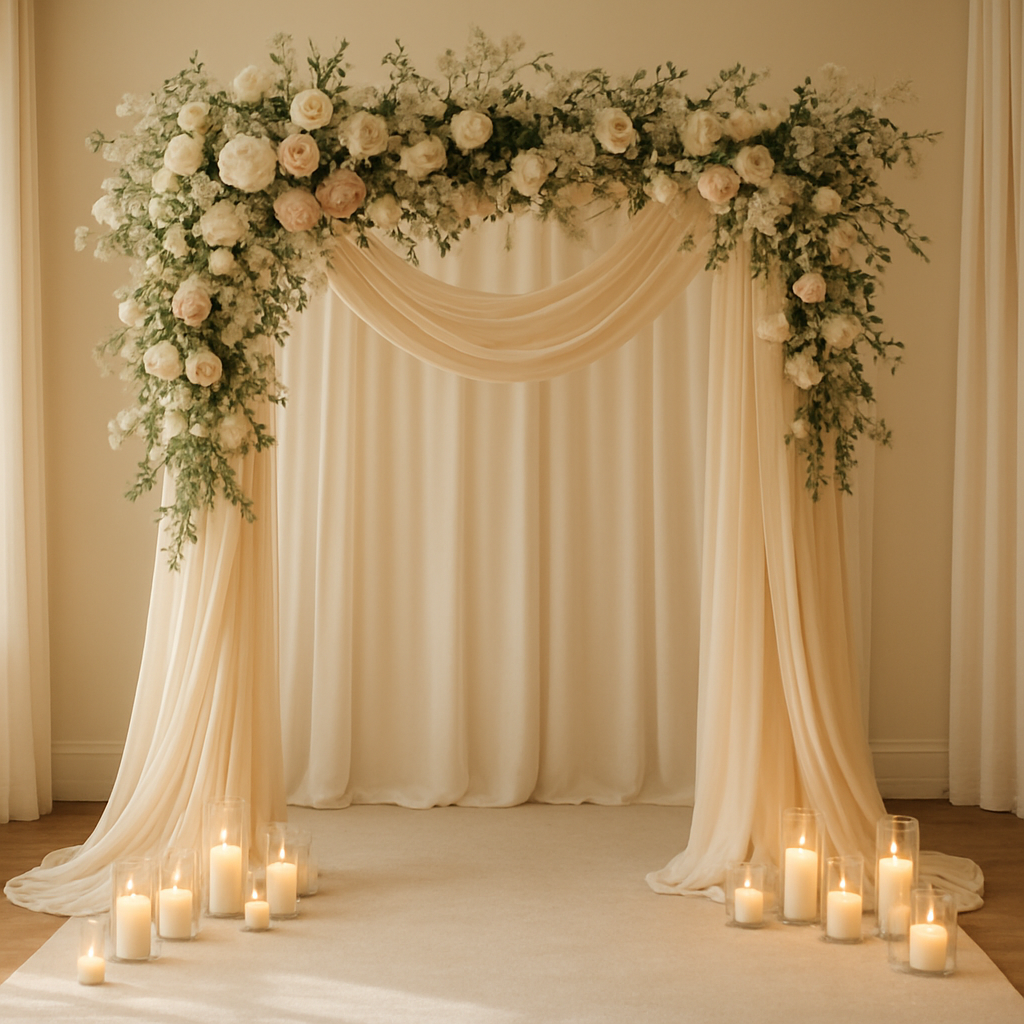 Floral arch and draped ceremony decoration
